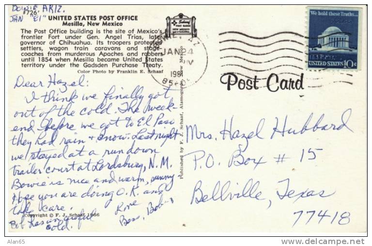 Mesilla New Mexico Post Office Building On 1980 Vintage Postcard - Altri & Non Classificati