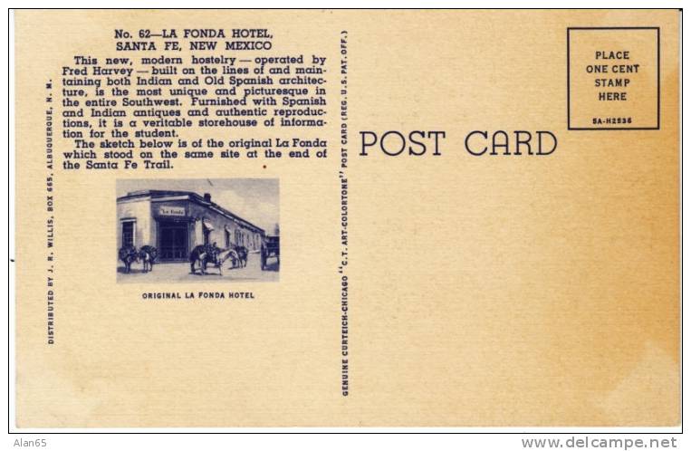 Sante Fe New Mexico, La Fonda Hotel Lodging On 1930s Vintage Curteich Linen Postcard - Andere & Zonder Classificatie