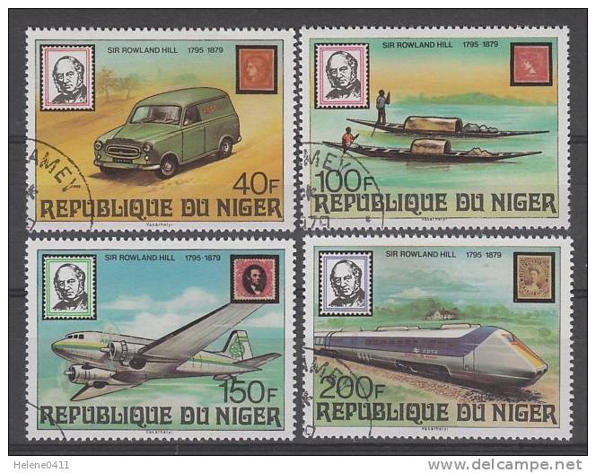 SERIE OBLITEREE DU NIGER - TIMBRES SUR TIMBRES ET MOYENS DE TRANSPORT (CENTENAIRE MORT SIR R. HILL) N° Y&T 477 A 480 - Timbres Sur Timbres