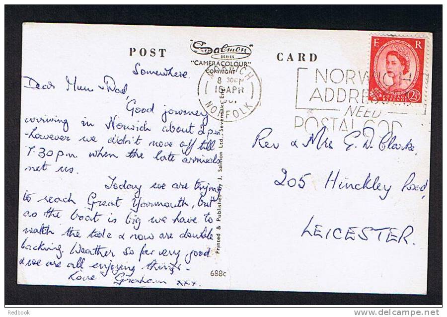 1961 Postcard Yacht Norfolk Broads "Norwich Addresses Need Postal Codes" Slogan - Postal Mechanisation Theme - Ref 433 - Norwich