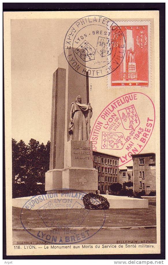 Carte-Maximum FRANCE N°Yvert 395 (Monument Service De Santé) Obl Ill Exp Phil Lyon-Brest  22.5..43 RRR - 1940-1949