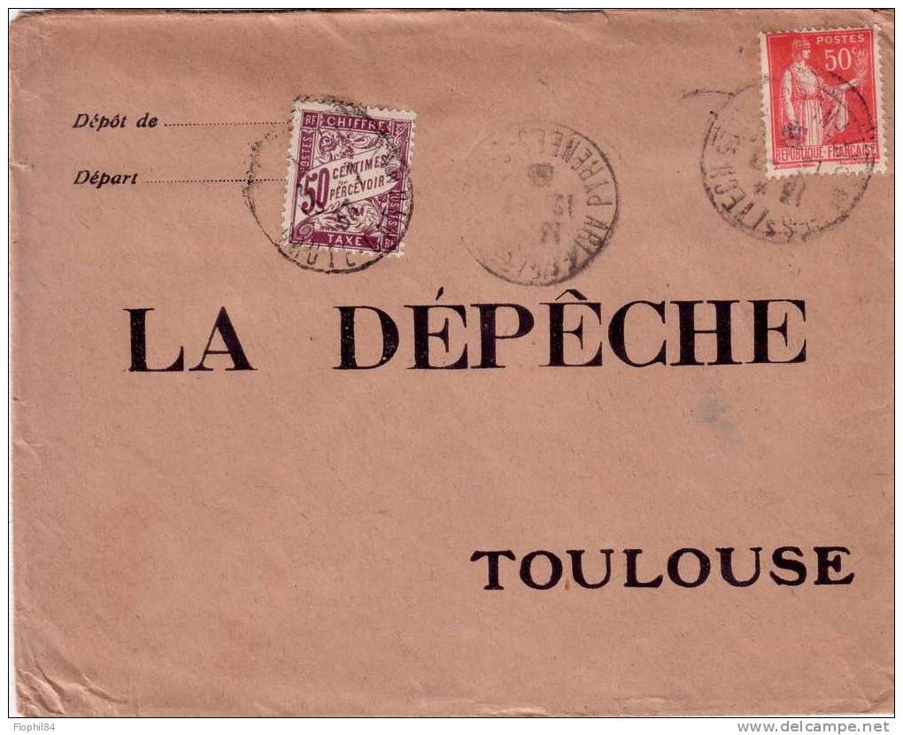 TAXE-BANDEROLE 50c SUR LETTRE POUR LA DEPECHE DE TOULOUSE - 1859-1959 Lettres & Documents