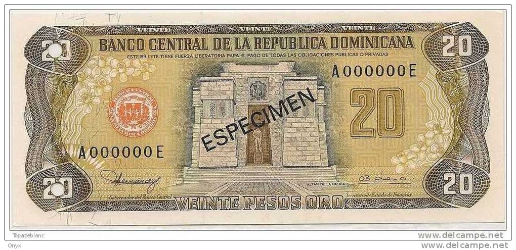 REP. DOMINICAINE - 20 PESOS 1980 - SPECIMEN NEUF / UNC - PERFORATION - Pick 120 - Dominikanische Rep.