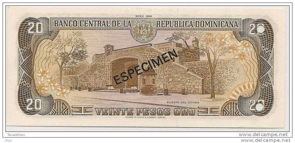 REP. DOMINICAINE - 20 PESOS 1980 - SPECIMEN NEUF / UNC - PERFORATION - Pick 120 - Dominicaine