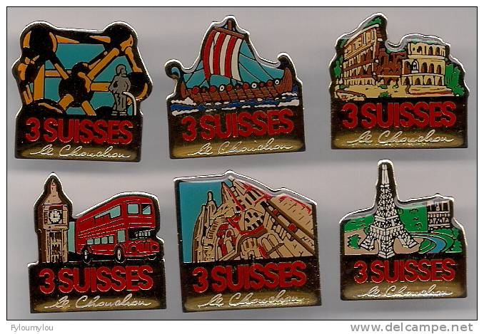 Lot De 6 Pin´s - Les 3 Suisses - Londres, Rome, Bruxelles, Barcelone, Paris, Vikings - Sets