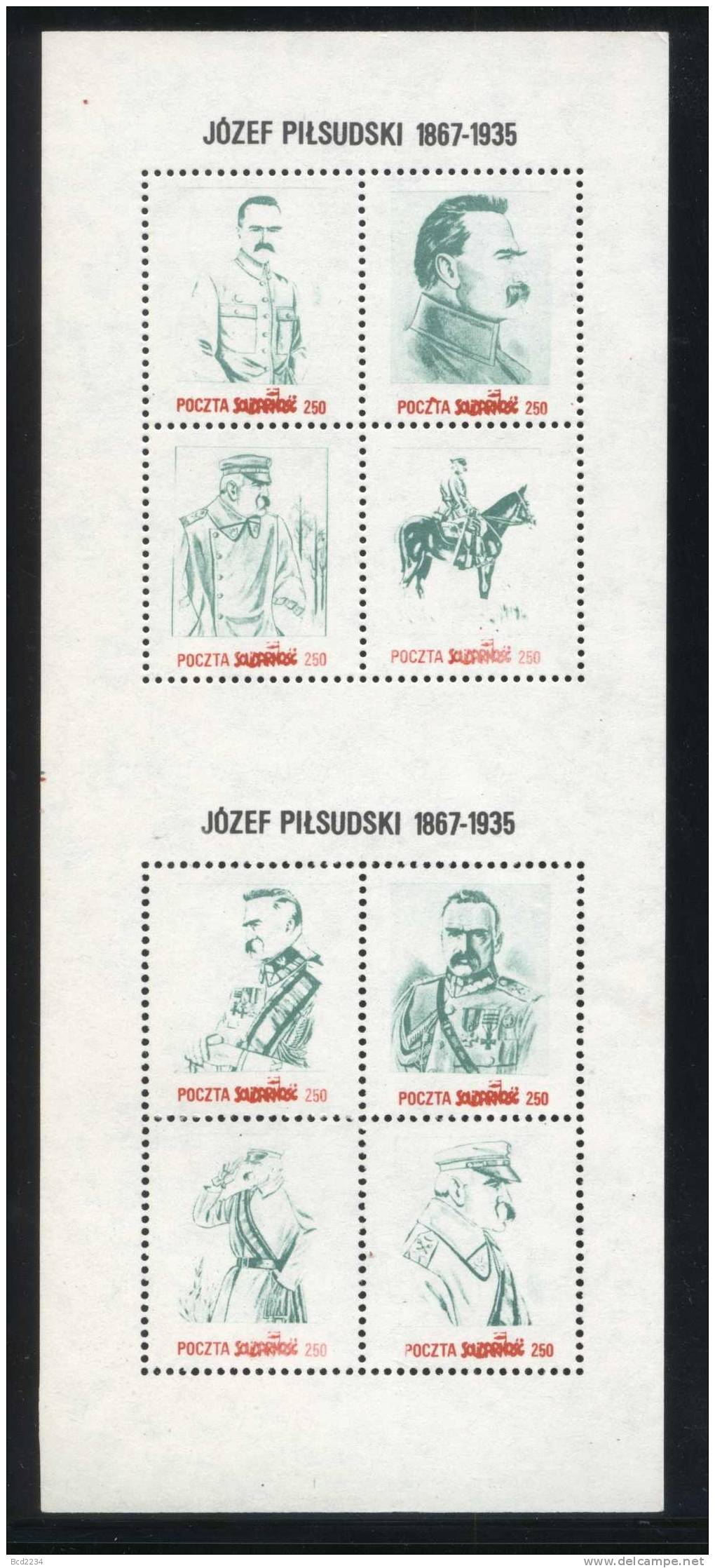 POLAND SOLIDARNOSC (POCZTA SOLIDARNOSC) PILSUDSKI SHEETLET OF 8 GREEN  (SOLID0949/0116) - Vignettes Solidarnosc