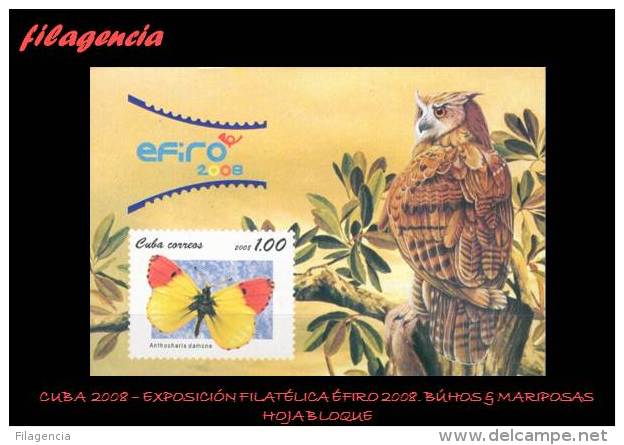 AMERICA. CUBA MINT. 2008 EXPOSICIÓN FILATÉLICA EFIRO 2008. BÚHOS & MARIPOSAS. HOJA BLOQUE - Unused Stamps