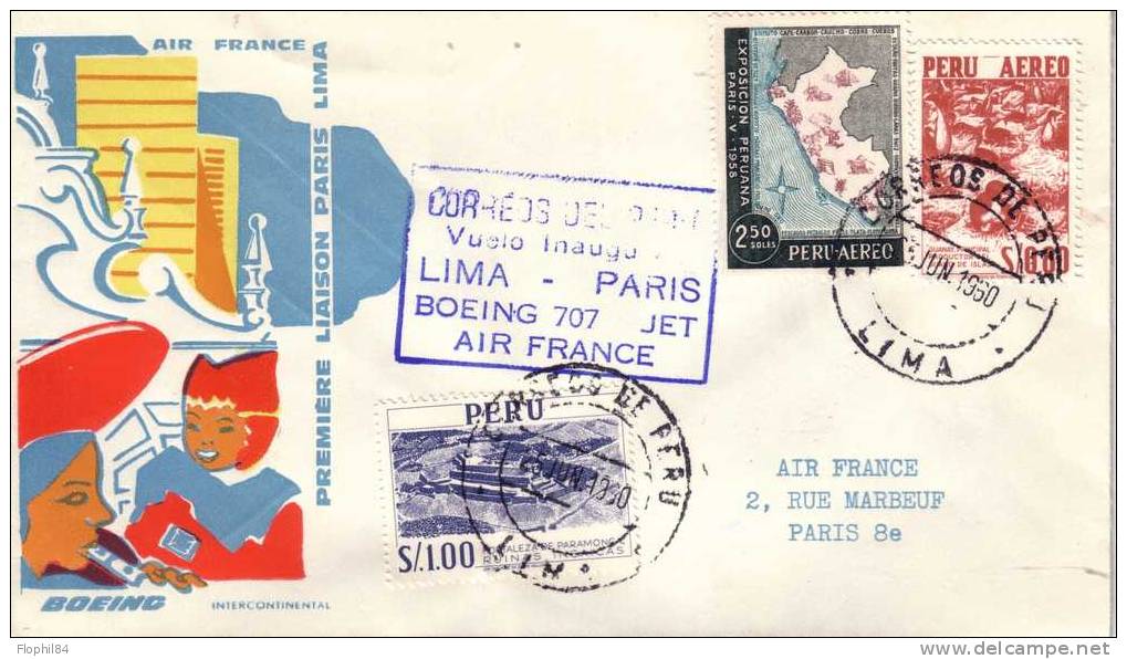 POSTE AERIENNE-PEROU FRANCE-25-6-1960 LIMA PARIS -VERSO GRIFFETRANSPORTE PAR BOEING Etc - Pérou