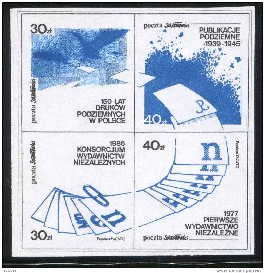 POLAND SOLIDARNOSC (POCZTA SOLIDARNOSC) 1986 UNDERGROUND PUBLICATIONS ANNIVERSARIES SET 4 BLOCKS OF 4 (SOLID0250/0338) - Solidarnosc Labels