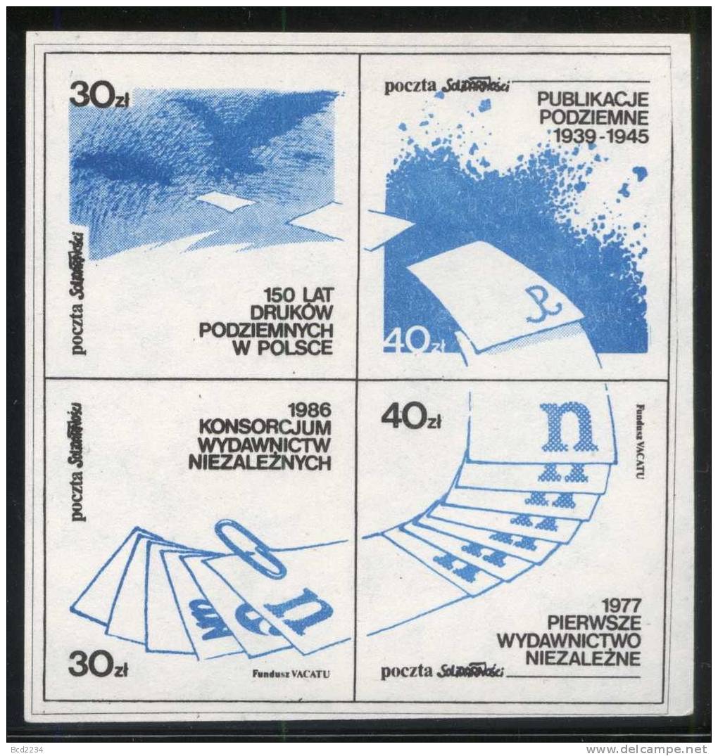 POLAND SOLIDARNOSC (POCZTA SOLIDARNOSC) 1986 UNDERGROUND PUBLICATIONS ANNIVERSARIES SET 4 BLOCKS OF 4 (SOLID0250/0338) - Solidarnosc Labels