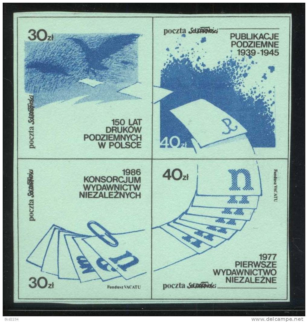 POLAND SOLIDARNOSC (POCZTA SOLIDARNOSC) 1986 UNDERGROUND PUBLICATIONS ANNIVERSARIES SET 4 BLOCKS OF 4 (SOLID0250/0338) - Vignettes Solidarnosc