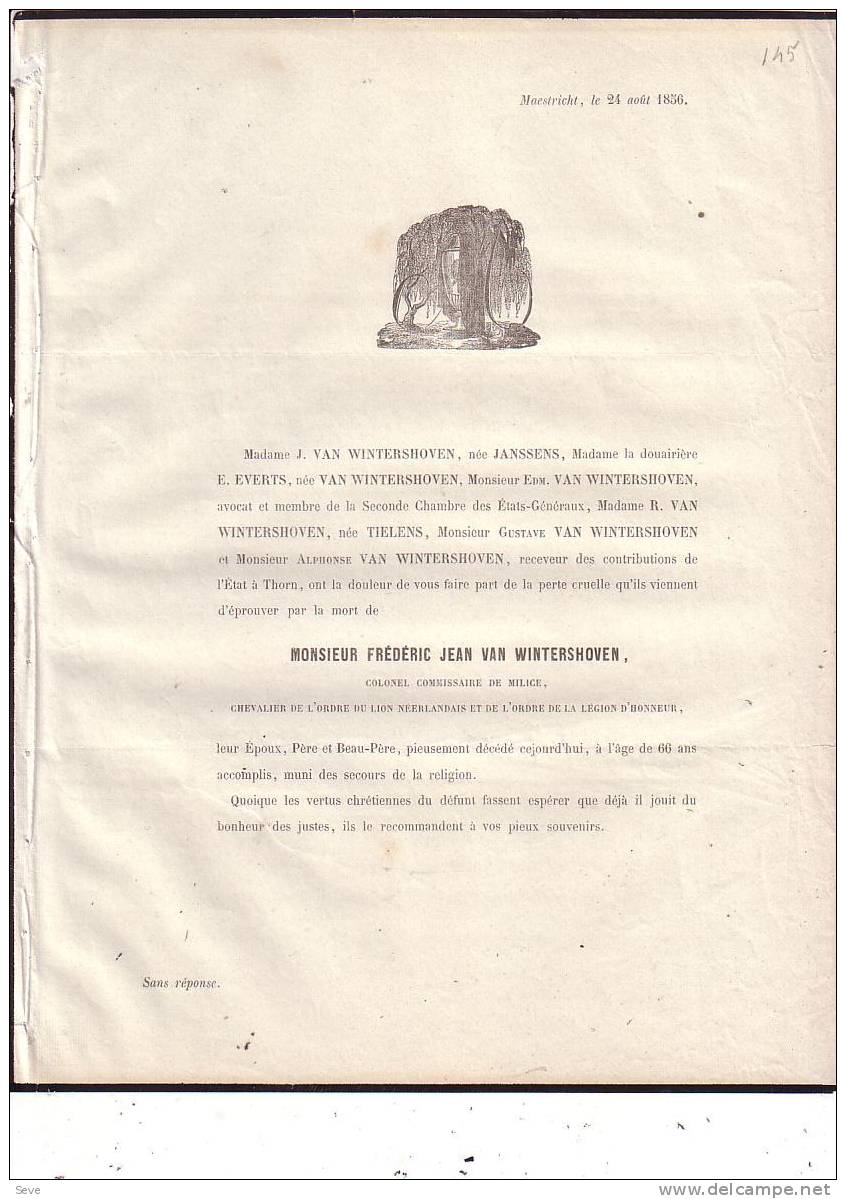 LIMBURG MAASTRICHT Frédéric VAN WINTERSHOVEN Colonel Milice Légion D'honneur 1790-1856 Doodsbericht Mortuaire - Todesanzeige