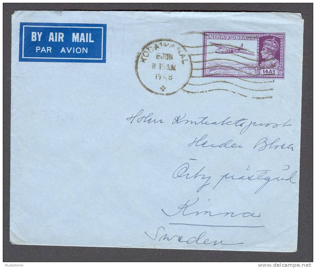 British India Airmail Par Avion Postal Stationery Ganzsache 14a. GVI. KODAIKANAL 1948 Cover Brief KIRUNA Sweden - 1936-47 Koning George VI