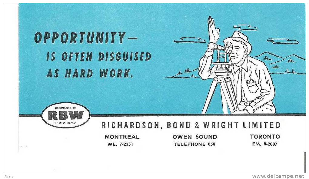 Richardson, Bond& Wright Limited, Toronto, Owen Sound And Montreal Lithographers, Printers  7.5 Cm X 14.5 Cm  3 In X 5.7 - P