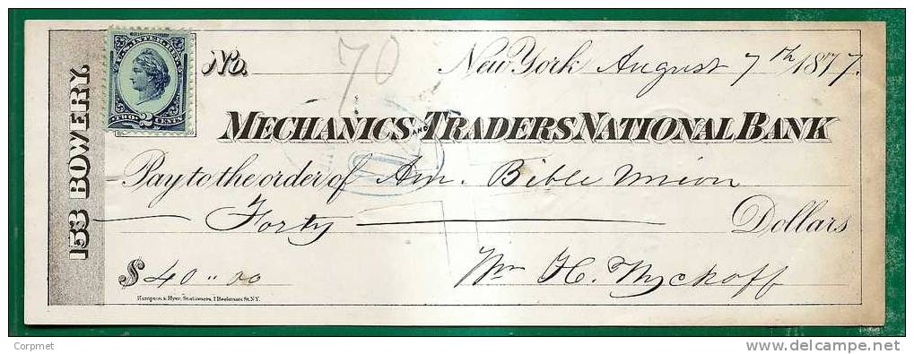 US - REVENUE STAMP On 1877 MECHANICS TRADERS NATIONAL BANK - NEW YORK  Check - Fiscaux