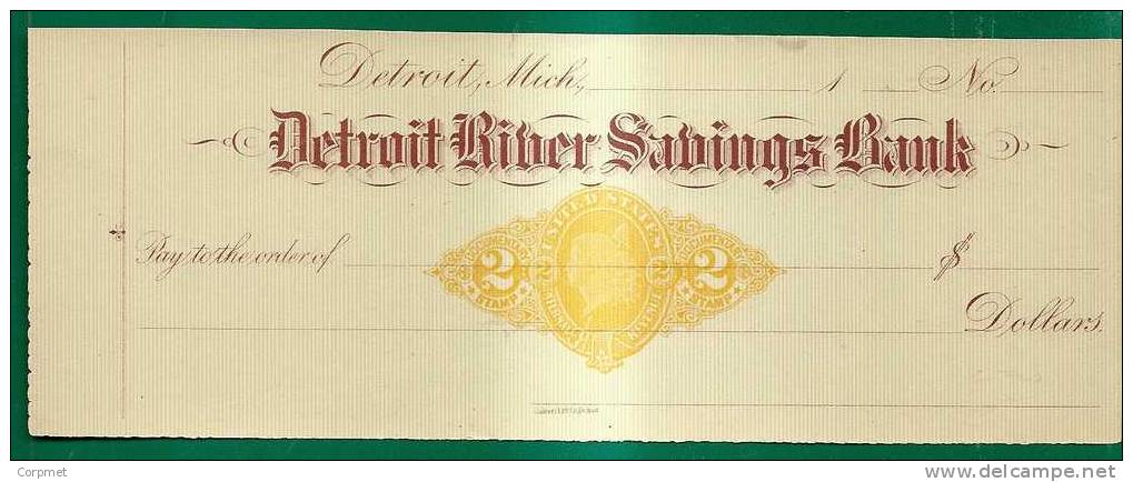 REVENUE Preprinted  On BANK CHECK - VF  Unused CHECK C/1900´s From The DETROIT RIVER SAVINGS BANK - Revenues