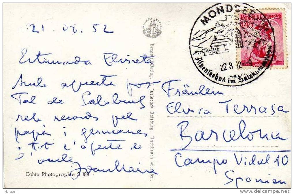 Postal MONDSEE (Alpen) Austria 1952 - Lettres & Documents