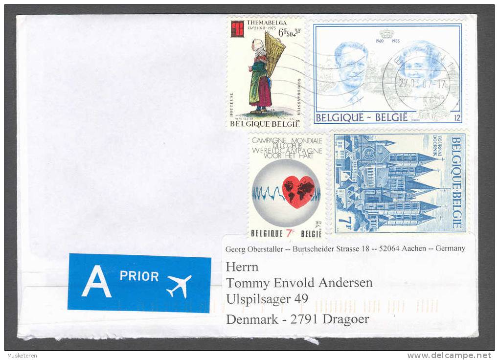 Belgium A Prior Airmail Deluxe Eupen Cancel Cover 2007 Mult Franked To Dragør Denmark - Covers & Documents