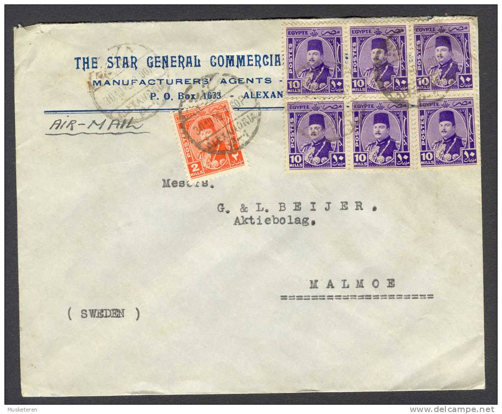 Egypt Egypte Airmail The Star General Commercial Engineering Co Deluxe Alexandria Cancel 1946 Cover To Malmoe Sweden - Brieven En Documenten