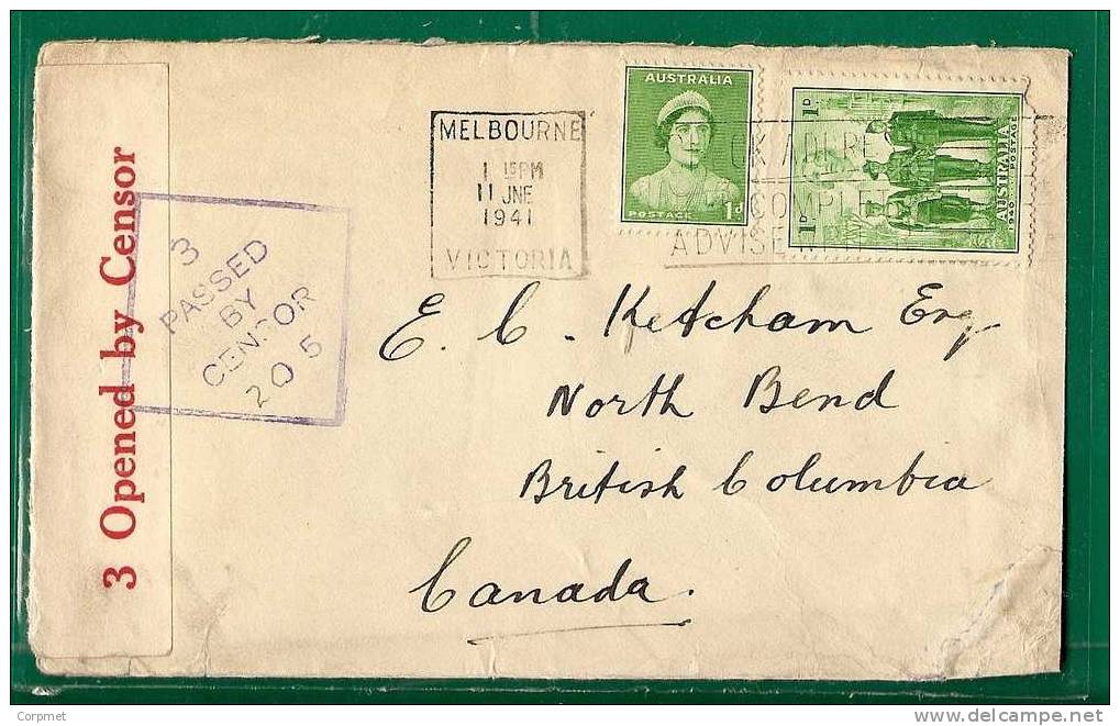 AUSTRALIA - VF 1941 CENSORED COVER - MELBOURNE To BRITISH COLUMBIA - CANADA (Reception At Back) - Covers & Documents