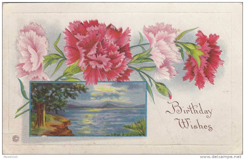 Postally Used Birthday Wishes Pink & Red Carnations And Lake Scene - Geburtstag