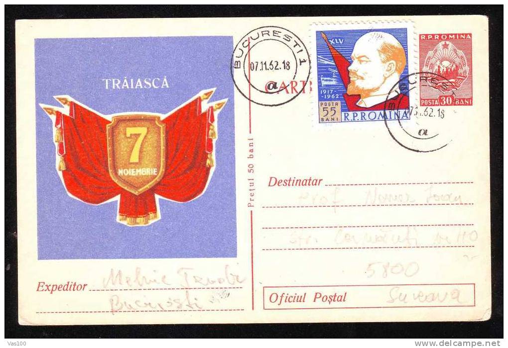 1962,LENINE,LENIN RARE STAMP On Postcard Stationery "7 NOIEMBRIE",obliteration Concordante! Romania. - Lenin