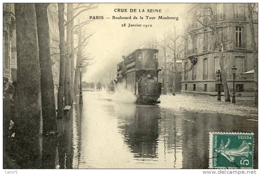 Tramway - Inondations Paris 1910 - Immeuble - Tramways