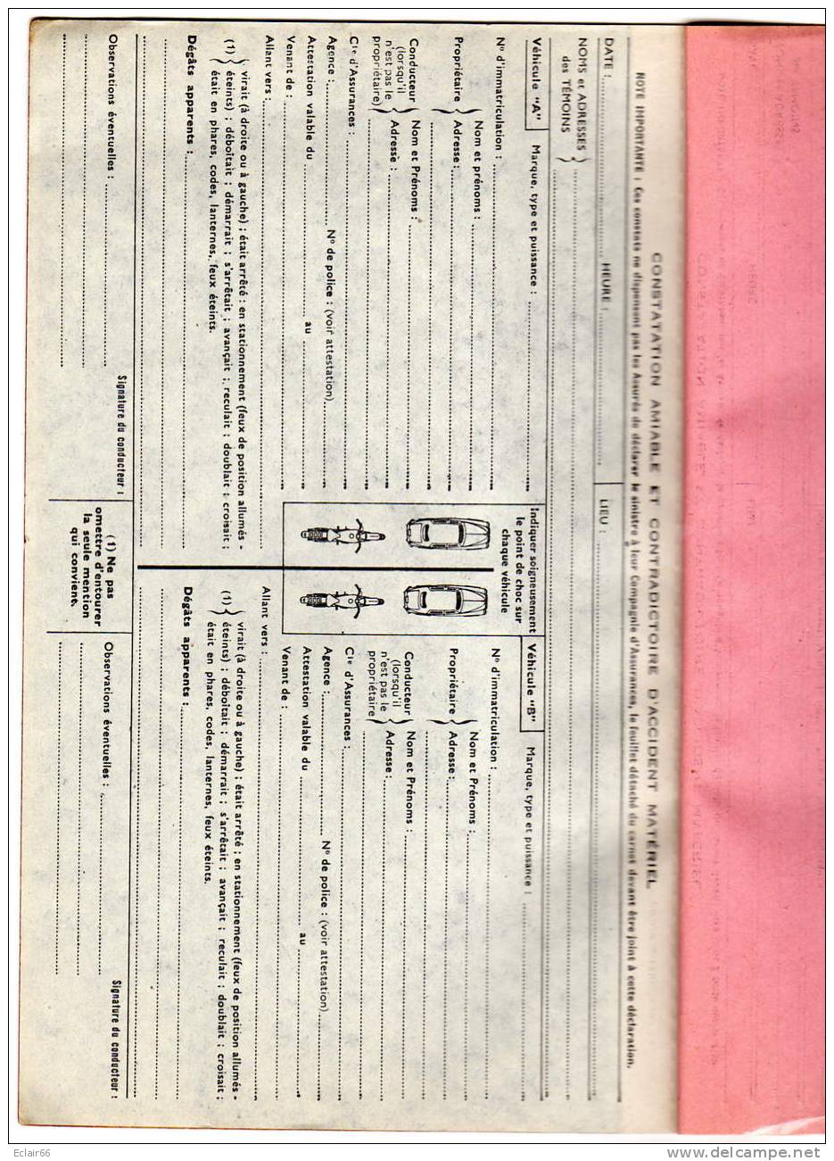 CARNET DE CONSTAT AMIABLE ET CONTRADICTOIRES  Pour Les Accidents De  Voitures,  Année Du Document 1950 - Auto