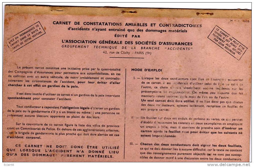 CARNET DE CONSTAT AMIABLE ET CONTRADICTOIRES  Pour Les Accidents De  Voitures,  Année Du Document 1950 - Auto