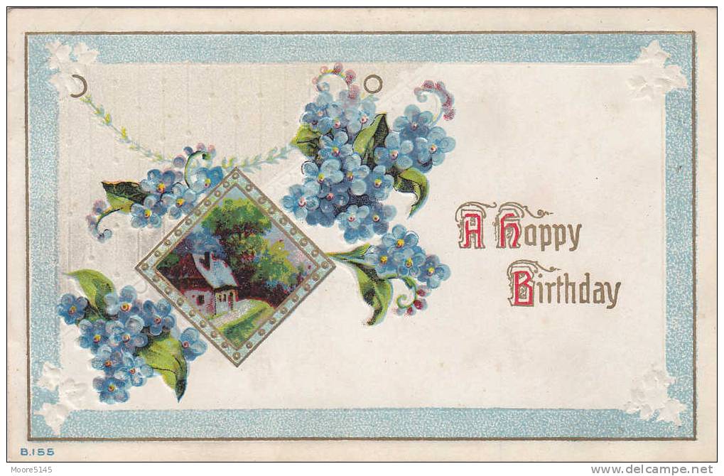 "A Happy Birthday" Pretty Blue Flowers Vintage Postcard - Anniversaire