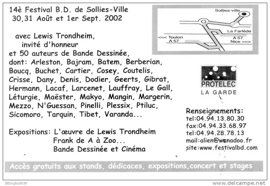 TRONDHEIM. CARTE DU 14ème FESTIVAL BD DE SOLLIÈS - VILLE 2002. DESSIN ORIGINAL DE Lewis TRONDHEIM. - Postcards