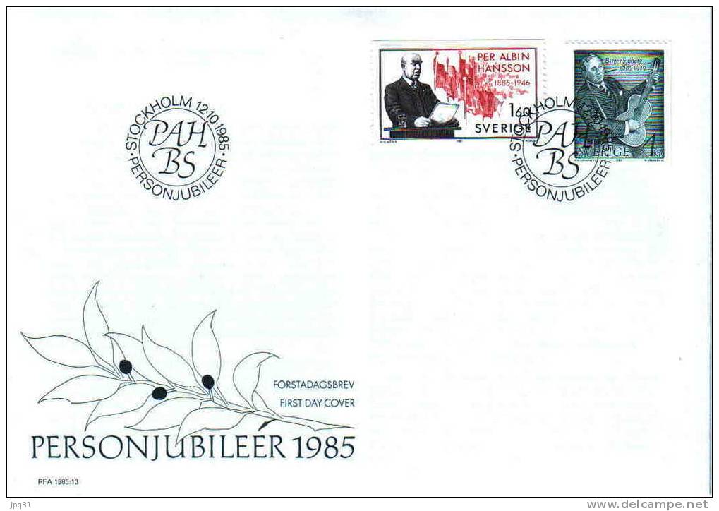 Enveloppe 1er Jour Suède No 1331-32 - Stockholm 12/10/1985 - Personnalités - FDC