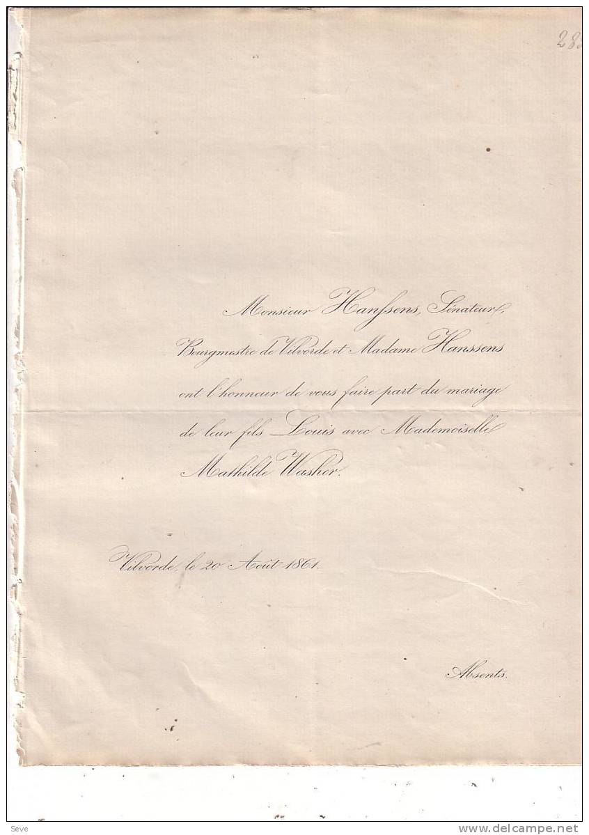 VILVORDE VILVOORDE Mariage 1861 Louis HANSSENS Fils Bourgmestre Et Mathilde WASHER Les 2 Faire-parts échangés - Otros & Sin Clasificación