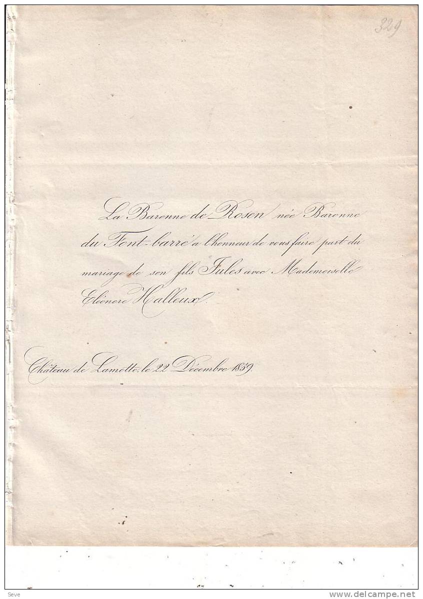 Château LAMOTTE Et  De La GOTTE Mariage 1859 Jules De ROSEN Et Eléonore HALLEUX Famille Du FONT BARRE FUMAL Les 2 Faire - Otros & Sin Clasificación