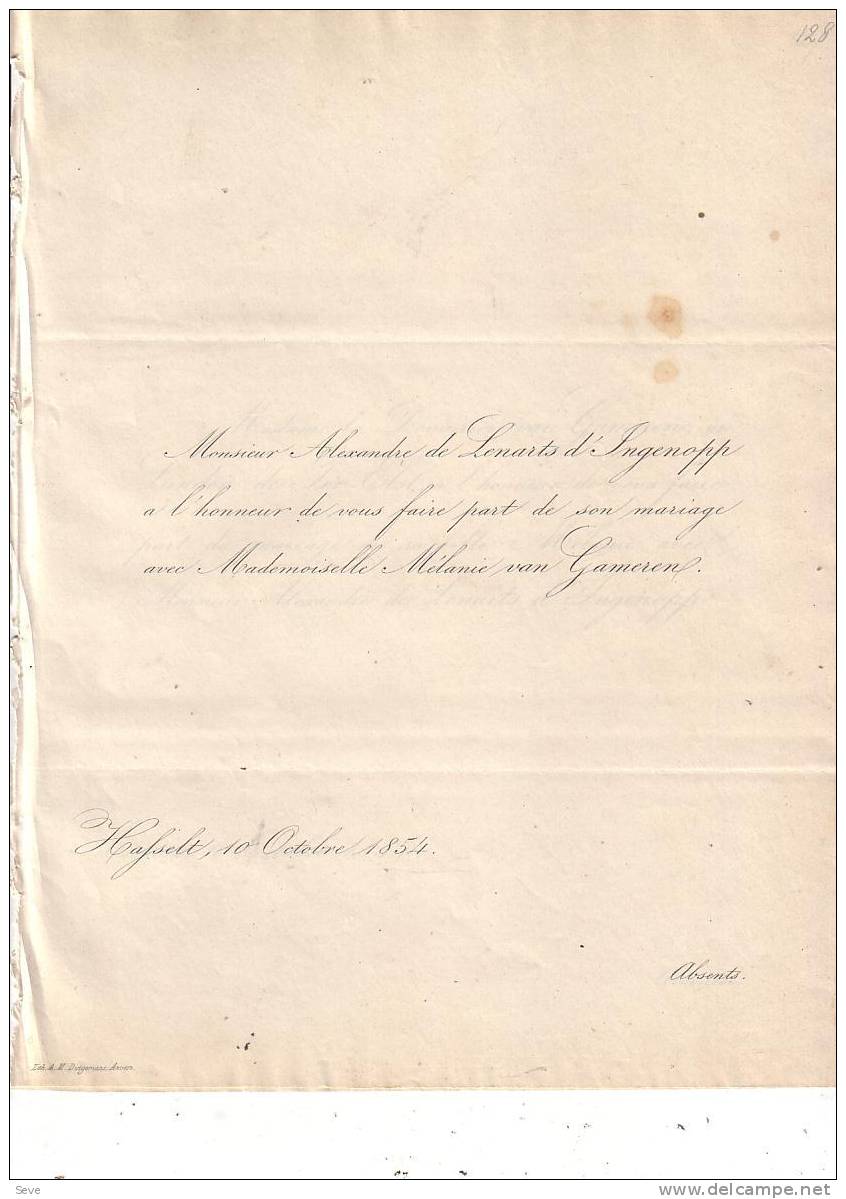 HASSELT ANVERS Mariage 1854 De LENARTS D'INGENOPP Et Mélanie VAN GAMEREN Les 2 Faire-part - Other & Unclassified