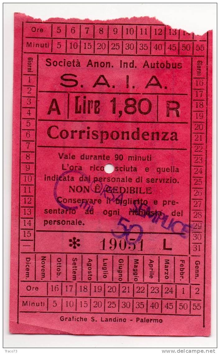 PALERMO  1930/40  - BIGLIETTO Della Società Anonima Ind. Autobus S.A.I.A. -  RR  Grande Form. - Europa