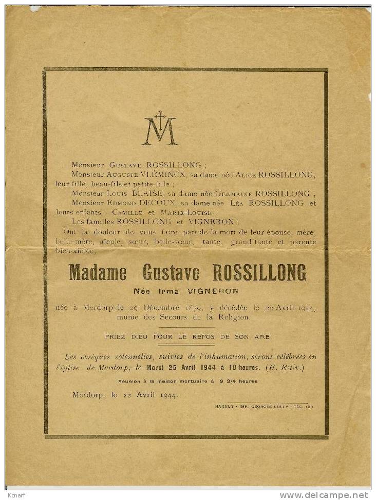 Faire-parts De Déces De MERDORP 1944 ( De Madame GUSTAVE ROSSILLONG Née IRMA VIGNERON ) Impr!mé à HANNUT - Andere & Zonder Classificatie