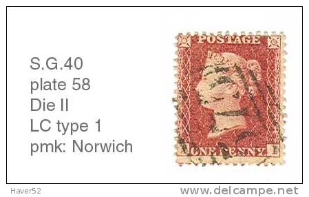 SG 40, Yvert 14a -Die II -  Perf. 14: Pl. 58 Large Crown Type 1 (pmk Norwich) - Gebraucht