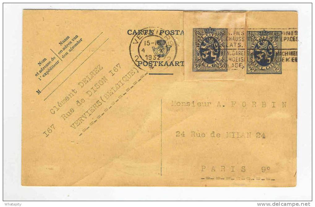 Entier Postal Lion Héraldique 50 C Bleu + Découpure D' Entier Idem VERVIERS 1932 Vers Paris  --  B2/314 - Cartoline 1909-1934