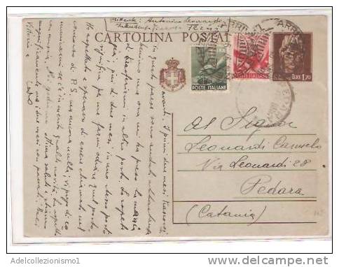 26682)intero Postale Con 1.20£ Turrita +80c+1£ Democratiche Da Terni A Pedara Il 4-6-1946 - 1946-60: Storia Postale