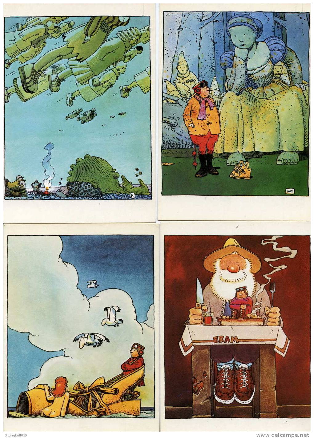MOEBIUS. RARE SERIE COMPLÈTE DE 6 CP PUBLICITAIRES POUR LES CHAUSSURES ERAM. ED. GENTIANE 1983. DESSINS DE MOEBIUS. - Postcards
