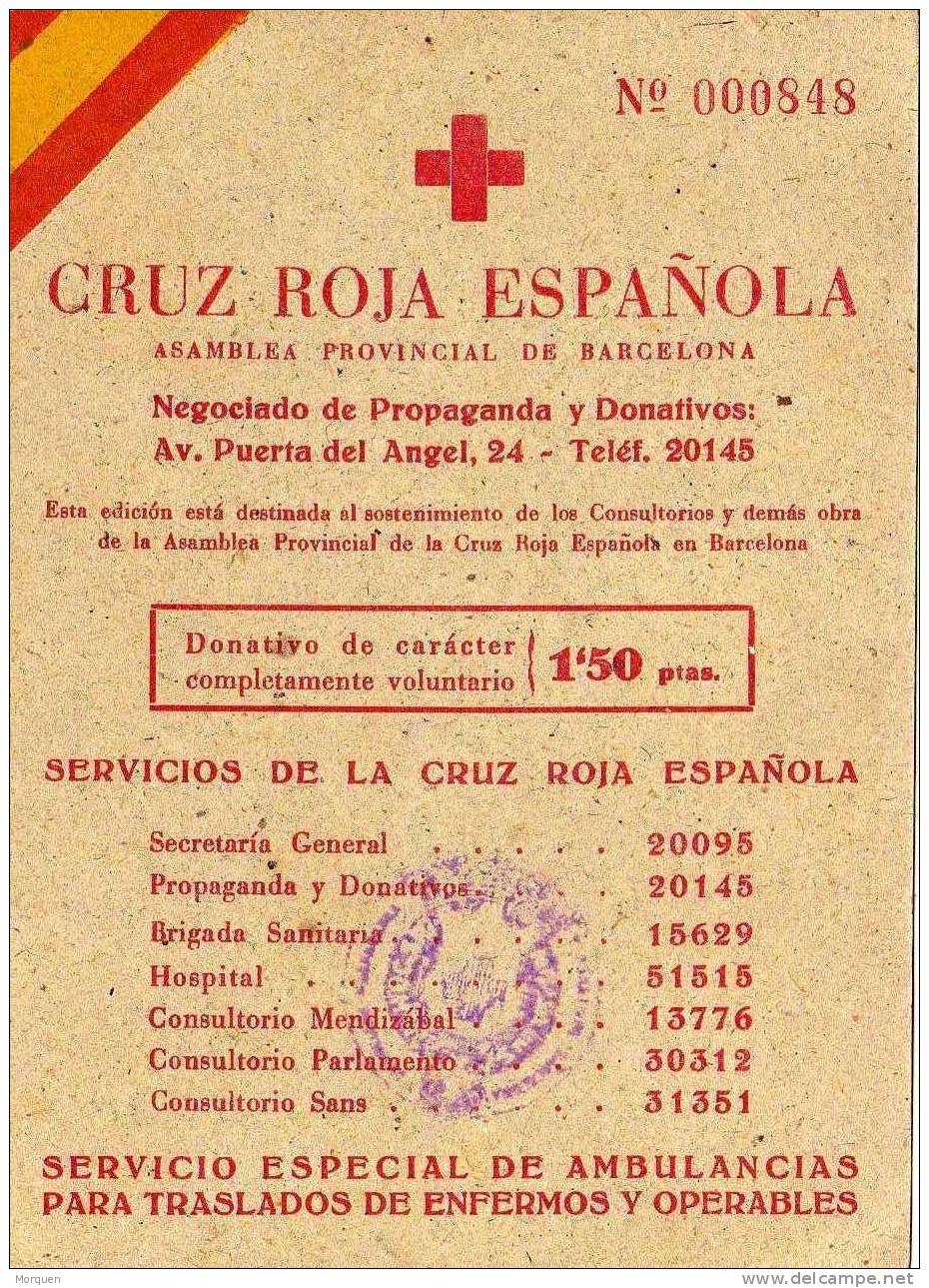 CRUZ ROJA Española. Donativo 1,50 Pts. Marca En Azul - Documentos Históricos