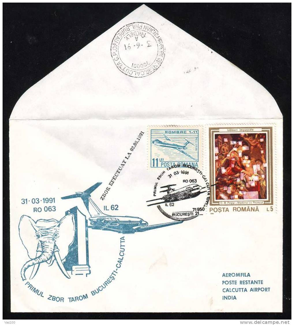 1991 FIRST FLIGHT BUCURESTI-Calcutta (India),RARE COVER Nice Franking Rombac Stamp. - Autres (Air)