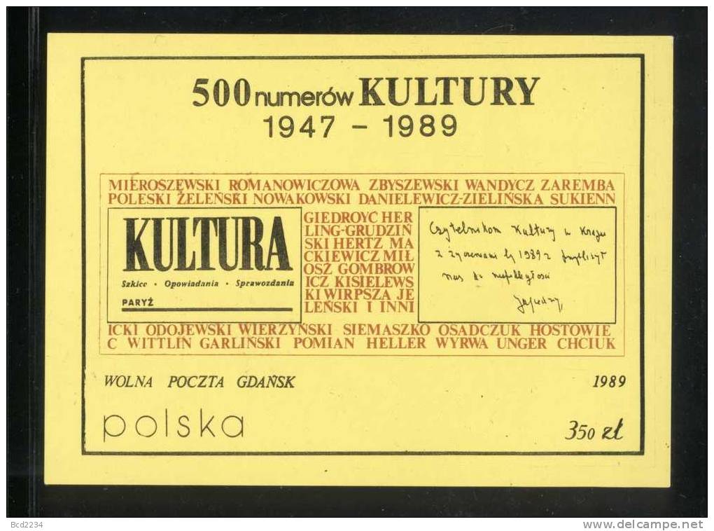 POLAND SOLIDARITY SOLIDARNOSC WOLNA POCZTA GDANSK 1989 500 ISSUES OF KULTURA PUBLICATION UNDERGROUND NEWSPAPER Press - Vignettes Solidarnosc