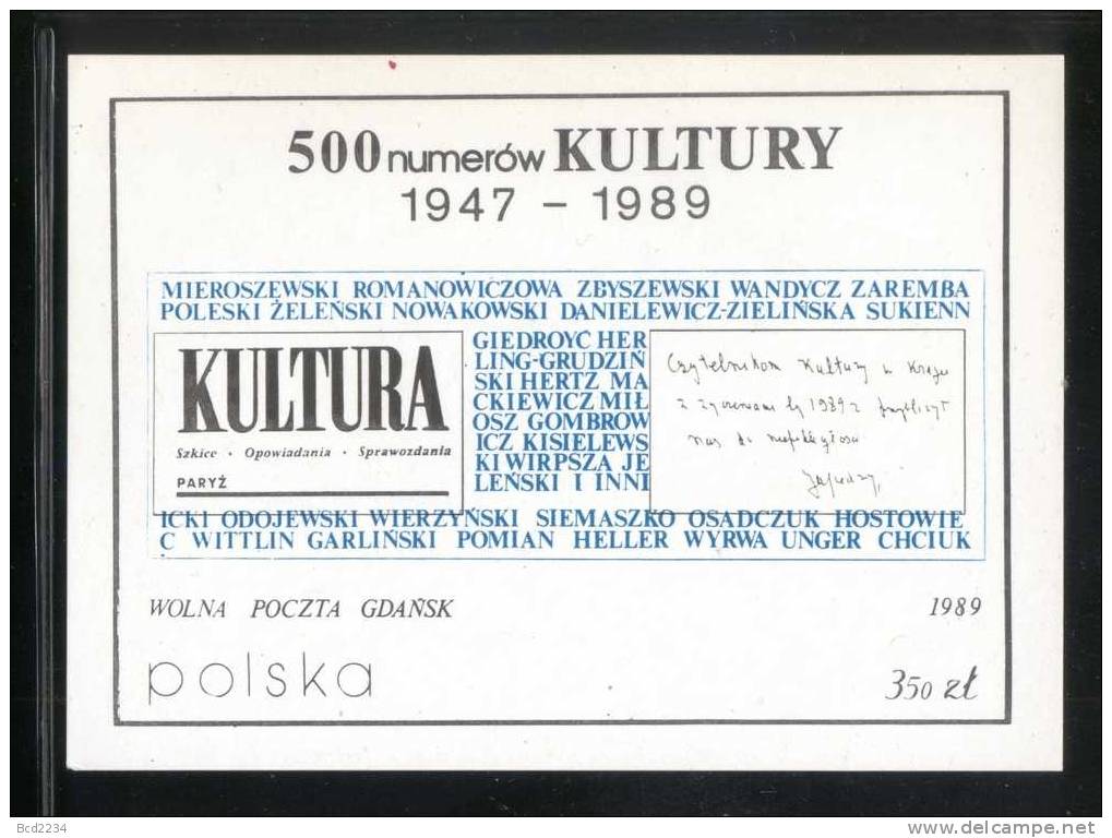 POLAND SOLIDARITY SOLIDARNOSC WOLNA POCZTA GDANSK 1989 500 ISSUES OF KULTURA PUBLICATION UNDERGROUND NEWSPAPER Press - Solidarnosc Labels