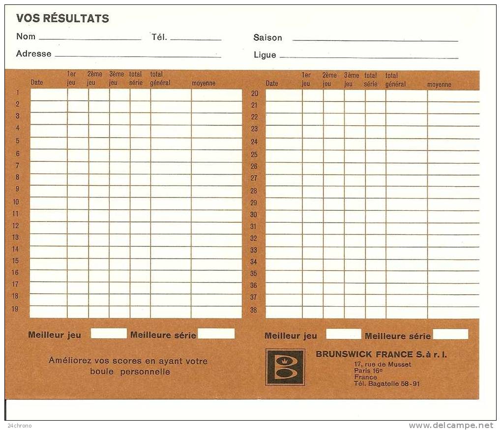 Bowling: Bowling S´ Ecrit Brunswick, Carte De Score Vierge (09-1262e) - Bowling