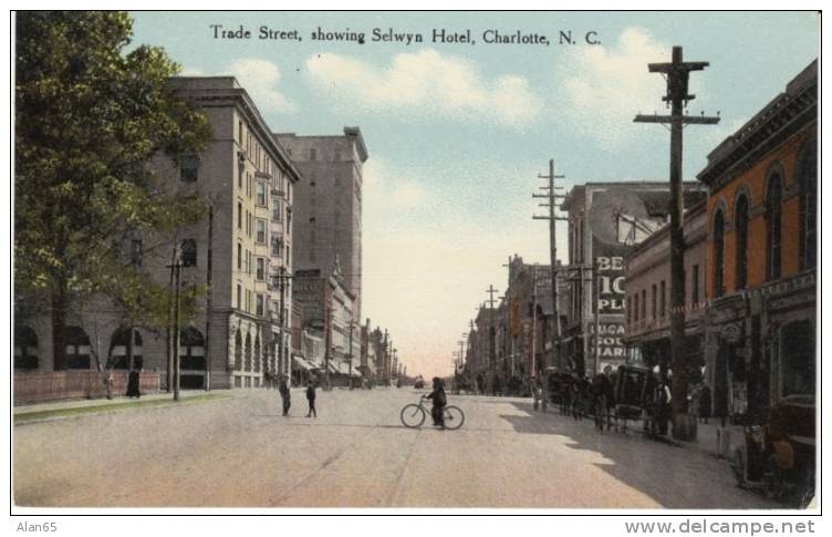 Trade Street Charlotte North Carolina Selwyn Hotel, Bicycle, Horse Wagons, Early Auto, On 1910s Vintage Postcard - Charlotte