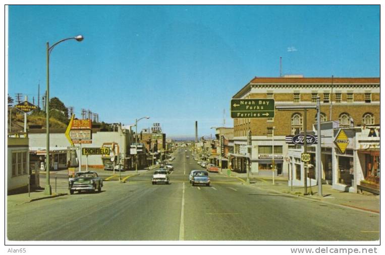 Port Angeles WA, Street Scene With 1950s Vintage Autos Renault And Ford Sign And Gas Station On Postcard - Other & Unclassified