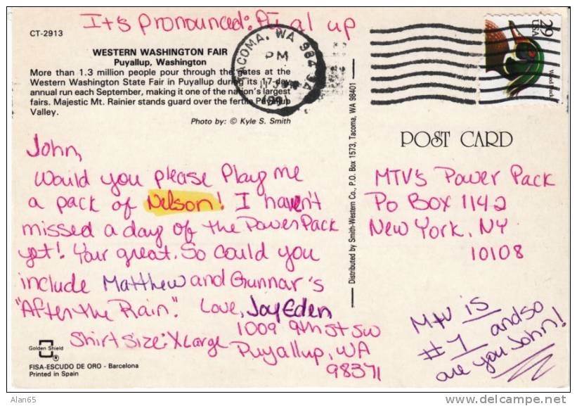 Puyallup WA Western Washington Fairgrounds, MTV Message On Back, 1990s Vintage Postcard - Autres & Non Classés
