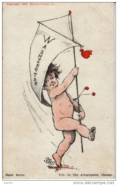 Cupid Series Washington Flag On Undivided Back Antique Postcard, AYPE Cancel Postmark On Back - Sonstige & Ohne Zuordnung